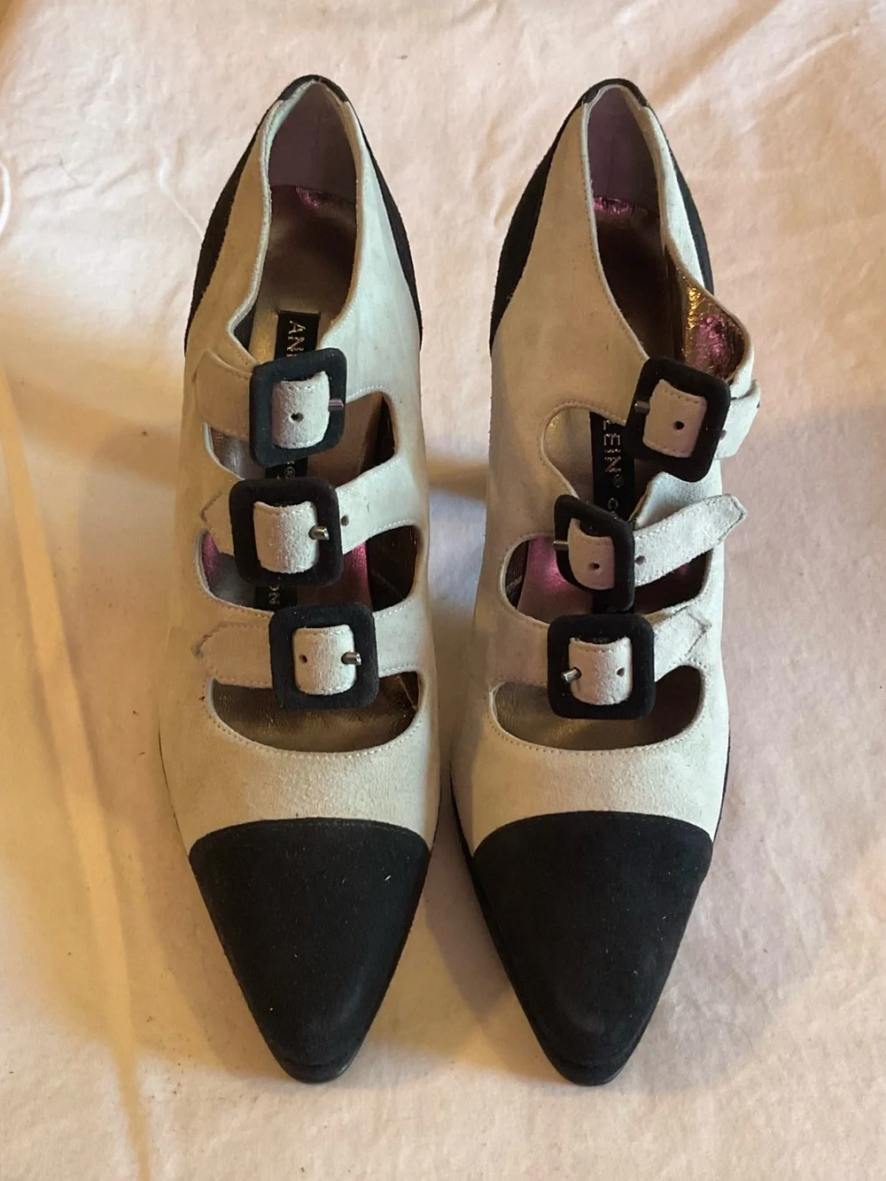 Anne Klein Vintage Grey & Black Cap-Toe Triple Buckle Heeled Booties